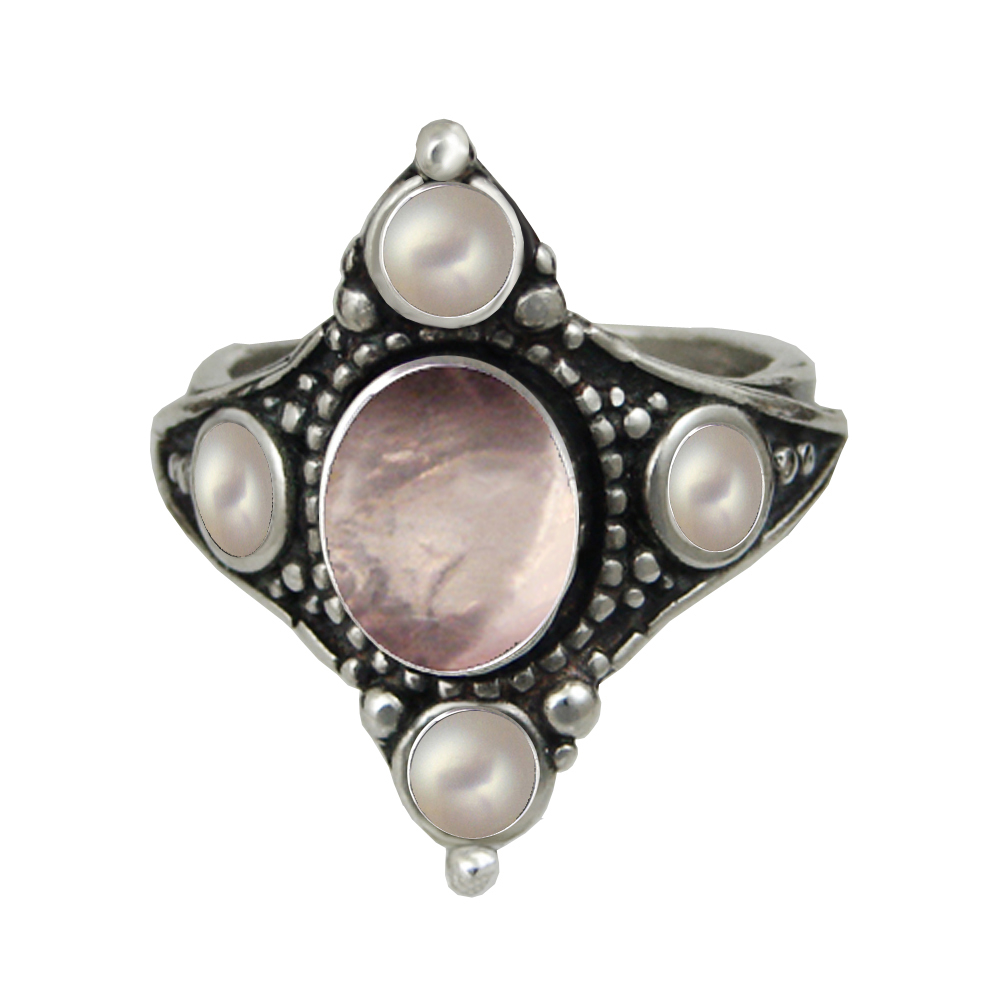 Sterling Silver Queen's Ring With Rose Quartz And Cultured Freshwater Pearl Size 9